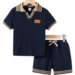 Shein Young Boy Uniform Academy Collar Short Sleeve Polo Shirt And Shorts Set
