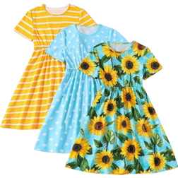 Shein pcsSet Tween Girls Striped Polka Dots Sunflower Pattern Printed Casual Short Sleeve Dress For Summer