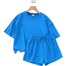Shein Tween Girl Knit Enfrgad Loose Fit Kortrmad Topp och Shorts Casual Outfit Set