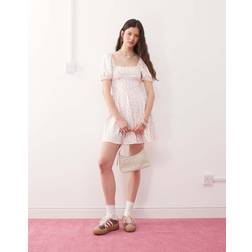 Miss Selfridge Milkmaid Minikjole Med Pufærmer Småblomstret Print - Pink/Hvid
