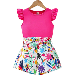 Shein Young Girl Vacation Style Printed Kimono Sleeve Shirt And Shorts Set