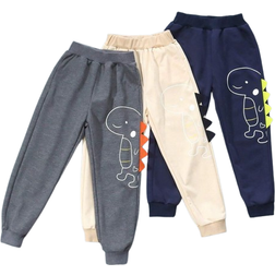 Shein Young Boy Casual Sports Joggers Street Fashion Cute Dinosaur Print Long Pants Set Of Grey Khaki Navy Suitable For Daily Wear School Travel Sports Spr
