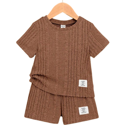 Shein pcsSet Baby Boys SolidStriped White TShirt And Shorts With Letter Patch Detail