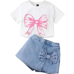 Shein Stücke Mädchen Set aus Oversize Rosa Grafik T-Shirt & 2-in-1 Denim Rock