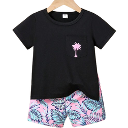 Shein pcsSet Baby Boys Stylish Summer Coconut Tree Print Leisure Holiday Shorts With Short Sleeve Knitted TShirt For Sports MixAndMatch Outfits
