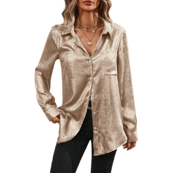Shein Womens Spring Autumn Solid Color Long Sleeve Metal Texture Elegant Shirt