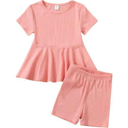 Shein Young Girls Solid Color RibKnit Top With Ruffle Hem And Cycling Shorts Set