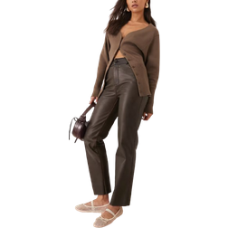 New Look PU Straight Leg Trousers - Washed Brown/Red
