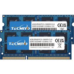 TECMIYO TECMIYO 8GB Kit 2x4GB PC3-10600S DDR3 1333MHZ Sodimm RAM 2RX8 Dual Rank CL9 204 Pin 1.5V Non-ECC Unbuffered Laptop Memory RAM for Intel AMD And Mac System