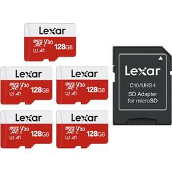 LEXAR E-Series 128GB Micro SD Card 5 Pack, microSDXC UHS-I Flash Memory Card with Adapter, 100MB/s, C10, U3, A1, V30, Full HD, 4K UHD, High Speed TF Card