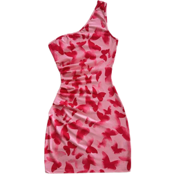 Shein Womens Romantic Butterfly Print Ruffle Trim Shoulder Mini Dress Fitted Silhouette Suitable For Vacation FallWinter