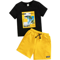 Shein Toddler Boys Letter & Palm Tree Print Tee & Drawstring Waist Shorts