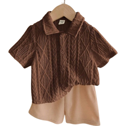 Shein pcsSet Toddler Unisex Cute Solid Color Knitted Pattern Polo Shirt And Elastic Waist Shorts Outfit Summer