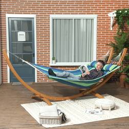 OutSunny Hammock With Stand Triple-Head Wood Hammock with Cotton Bed Blue