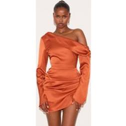 PrettyLittleThing Satin One Shoulder Drape Bodycon Dress - Orange