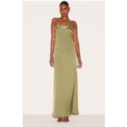 PrettyLittleThing Satin Draped Frill Back Detail Maxi Dress - Sage Green