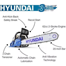 Hyundai Petrol Chainsaw 20 50 cm Bar 62cc 2-Stroke Easystart HYC6200X