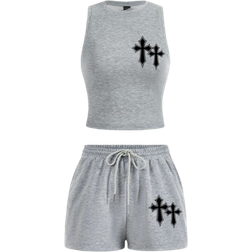 Shein Damen einfaches ärmelloses Top und Shorts Set in 2-Teilig, Lässig Sport Style, mit Kreuz Muster, Hellgrau