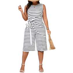 Shein Plus Womens Striped Printed Simplistic Sleeveless Jumpsuit For Daily Wear