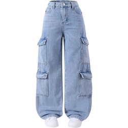 Shein Girls YK Oversized MultiPocket Washed Light Blue Cargo Jeans Casual Streetwear Pants