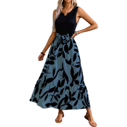 Shein SpringSummer Printed Irregular Hem Dress MidLong Length Knitted Vest Woven Dress Leaf Print