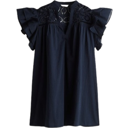 H&M Flutter Sleeve Dress with Broderie Anglaise - Navy Blue