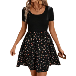 Shein Summer Short Sleeve AB Mixed Color Plain Floral Patchwork ALine Casual Vacation Dress With UNeckline