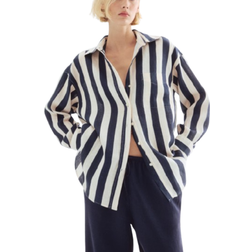 H&M Oversized Linen Shirt Blouse - Navy Blue/Striped