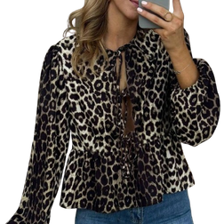 Shein Leopard Print Tie Neck Lantern Sleeve Peplum Blouse