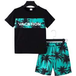 Shein Summer Tween Boys pcsSet Hawaiian Beach Coconut Tree Letter Printed Knitted Loose Short Sleeve TShirt And Shorts Suit