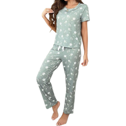 Shein Damen einfaches tägliches Pyjama Set aus Kurzarm-Shirt mit Blumen Muster und Lange Hose