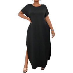 Shein Flirla Plus Size Women's Solid Color Round Neck Dress With Pockets Maxi Women Outfit