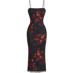 Shein Red Floral Print Mesh Slip DressCruise Women OutfitsChristmas DressElegant DressProm DressRed Women DressesDate Night Dress