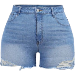 Shein Damen Denim Shorts in Große Größen, Slim Fit Stretch, R ripped lässig Blau