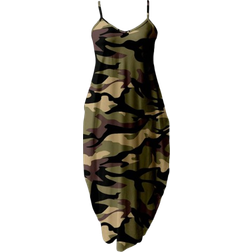 Shein Casual Military Green Camouflage Printed Loose Strappy Pocket Dress For Women