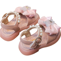Shein Pink Pearl Decor Bow Knot Ankle Strap Sandals For Infant Girls, Comfortable & Soft, Versatile & Elegant