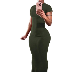 Shein Womens Summer Casual Slim Fit Solid Green Long Dress