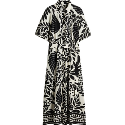 H&M Tie Belt Shirt Dress - Cream/Black Patterned