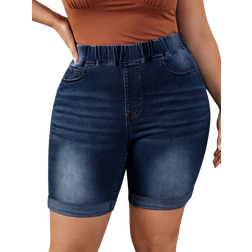 Shein Plus Womens Elastic Waist Denim Shorts With Pockets And Rolled Hem Design For Casual Wear