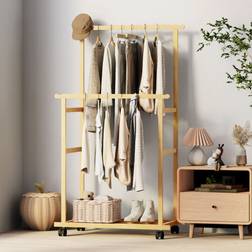 Unho Natural Bamboo Thicken Double Rod Rolling Garment Organizer Clothes Rack