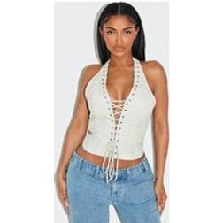 PrettyLittleThing Shape Cream Washed Faux Leather Halter Neck Lace Up Corset - White