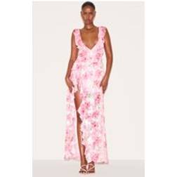 PrettyLittleThing Floral Chiffon Frill Plunge Strappy Maxi Dress - Pink