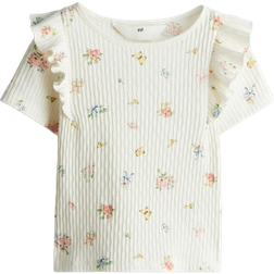 H&M Flounce-Trimmed Cotton Top - Cream/Floral (1282330007)