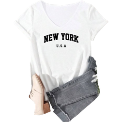 Shein Casual Oversized VNeck Letter Printed TShirt With Slight Drop Shoulder Summer