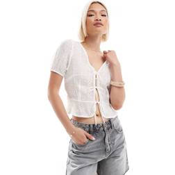 Stradivarius Flowing Embroidered Blouse With Knots - White