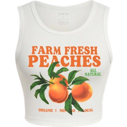 Shein Summer Casual OrangeLetter Printed Tank Top FARM FRESH PEACHES ORGANIC NON LOCAL