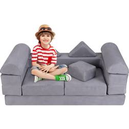 Costway 9-Piece Modular Kids Play Couch with Breathable Suede Fabric Grey