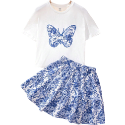 Shein Girls' Butterfly Embroidered Top & Flower Printed Loose Fit Skirt Piece Set