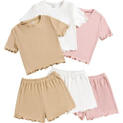 Shein 3pcs/Set Tween Girl Knitted Solid Color Fitted T-Shirt & Shorts Knitted Suits For Casual Holidays