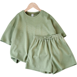 Shein Tween Girls Music Festival Woven Solid Color Round Neck Short Sleeve TShirt And Shorts Set